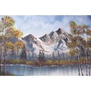 Vintage Mountain landscape oil painting on artist board 12 x 16", Bob Ross style